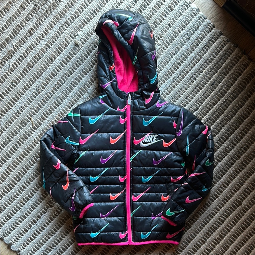 Nike Black and Pink Puffer Jacket with Hood and Quilted Design